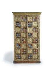 Giner y Colomer Armario 2 Puertas Madera Acacia Cerezo Detalles Azulejo Bronce Repujado 180x100x45 cm